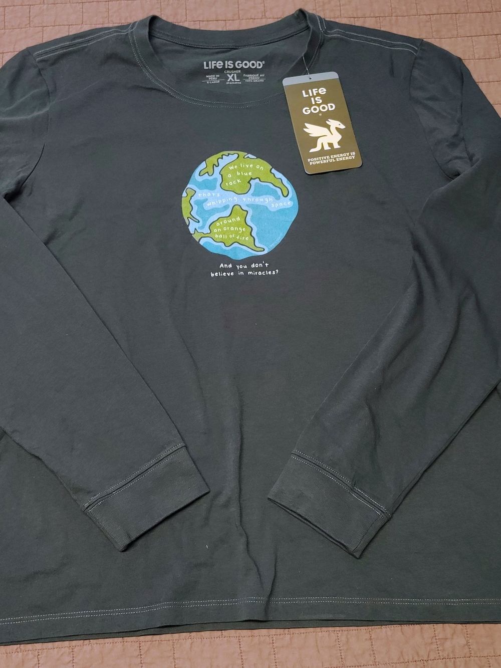 NWT Life Is Good Crusher Long Sleeve Shirt Womens XL Earth Graphic Dark Grey